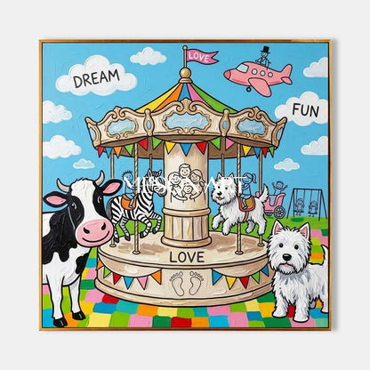 Stravagante carosello di animali dipinto per la stanza dei bambini Arte da parete con temi di amore e sogno
