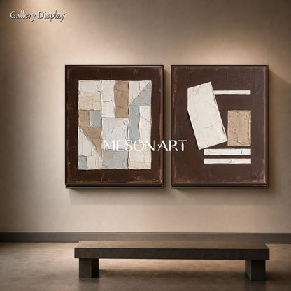 Brown Abstract Plaster Art Diptych For Wabi Sabi Home Decor Original Oil Painting