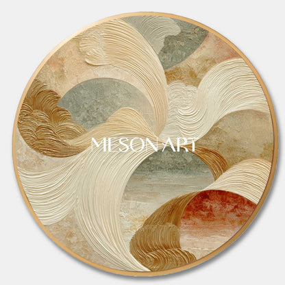 Modern Round Abstract Wall Art – Beige & Gold Textured Wave-Inspired Art