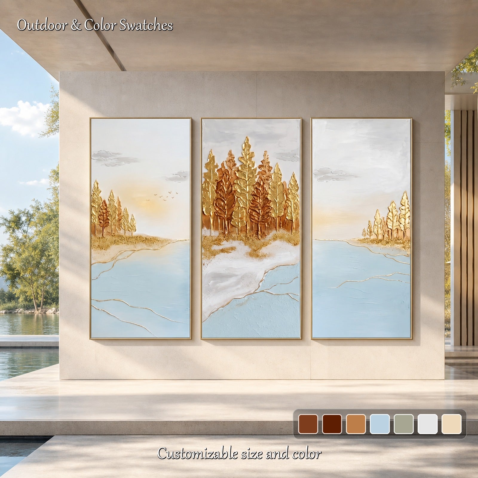 Grande trittico Art Déco “Gold Blue Lake Forest” con dettagli metallici, ideale per il soggiorno