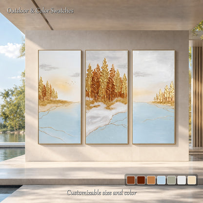 Large Gold Blue Lake Forest Triptych Art Deco Painting With Metallic Accents For Living Room