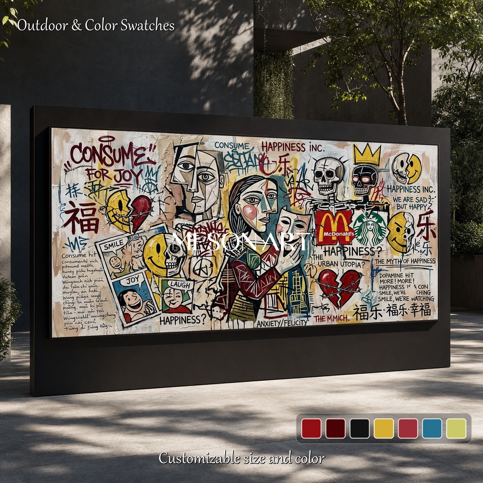 Urban Happiness Paradox Abstract Pop Art Painting With Consumer Icons For Modern Living Room Decor