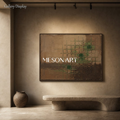 Minimalist Abstract Art With Earthy Tones And Textured Grid Pattern For Modern Living Spaces