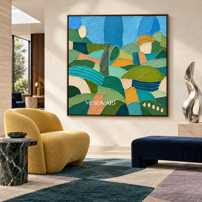 Green And Blue Abstract Landscape Painting Large Original Hand Painted Canvas Wall Art Square For Living Room By Mesonart