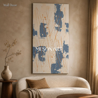 Beige And Blue Abstract Painting Inspired By Jackson Pollock Style Action Art Panoramic Wall Decor For Living Room By Mesonart