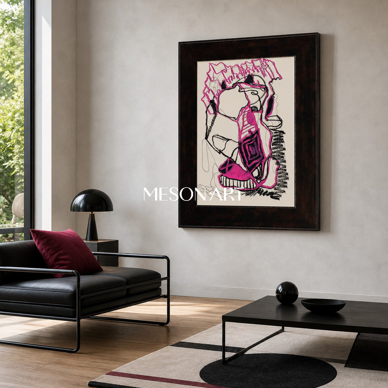 Pink And Black Painting Contemporary Original Artwork Rectangular Wall Decor For Living Room By Mesonart