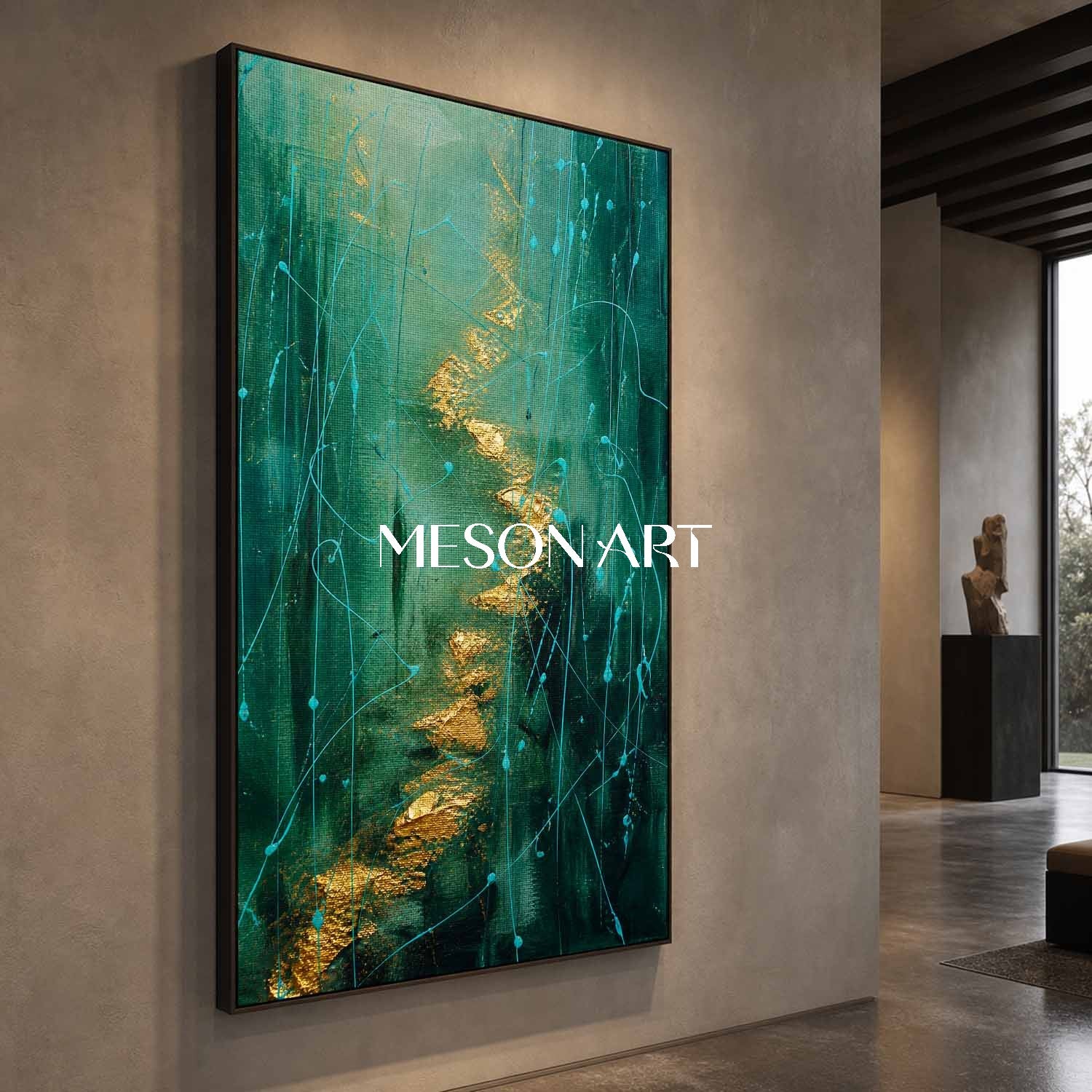 Green And Gold Pollock Abstract Art Painting With Fluid Lines For Modern Living Room Decor