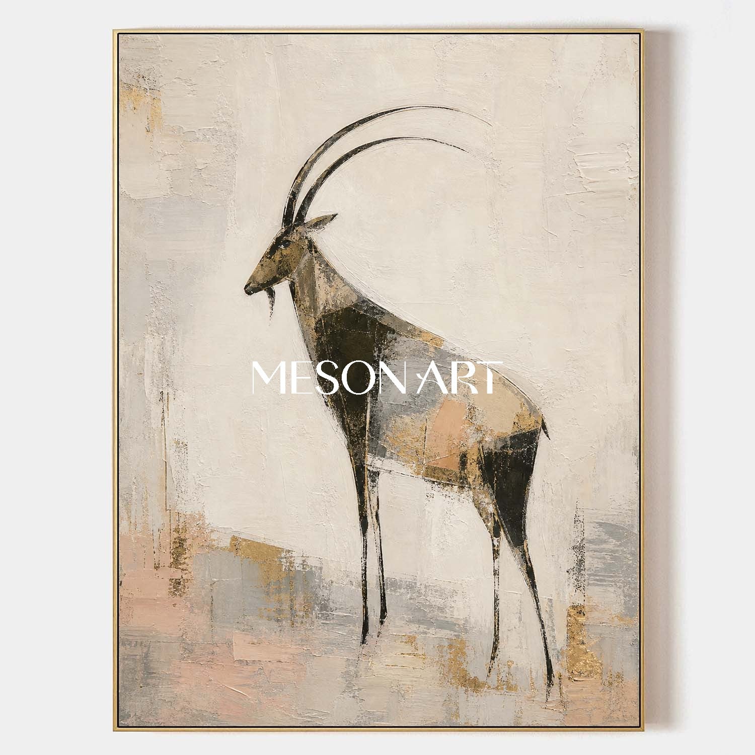 Abstract Antelope Wall Art Gold Beige Modern Animal Painting For Living Room Decor