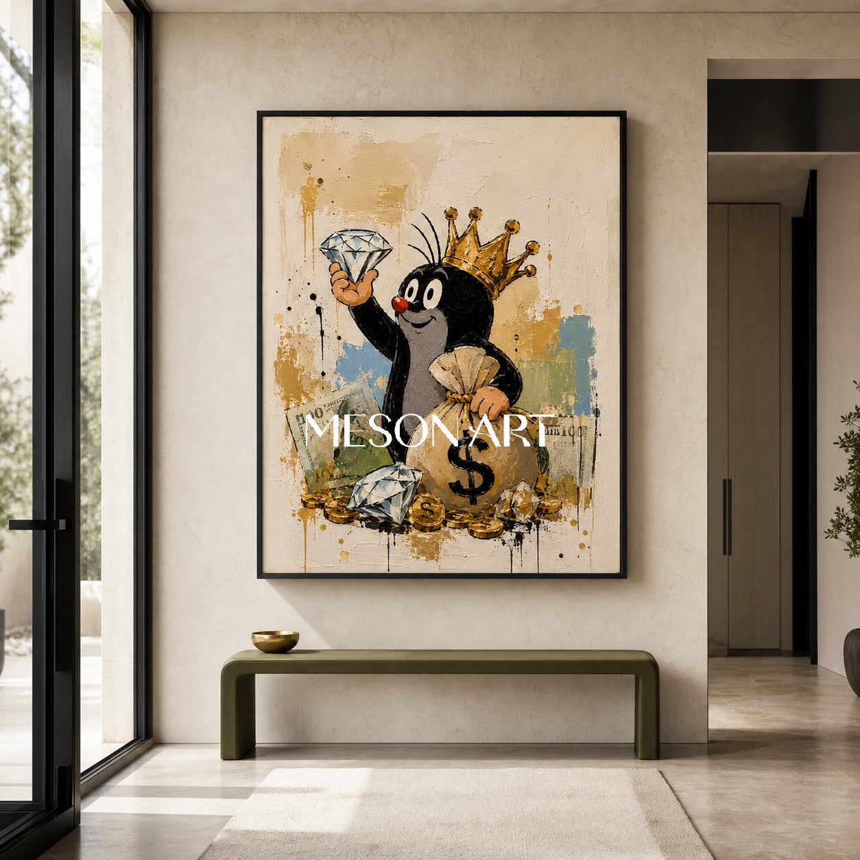 Crowned Mole Pop Art Painting With Gold Coins And Diamonds For Modern Living Room Decor