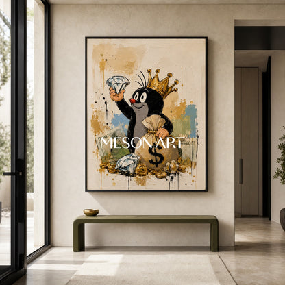 Crowned Mole Pop Art Painting With Gold Coins And Diamonds For Modern Living Room Decor
