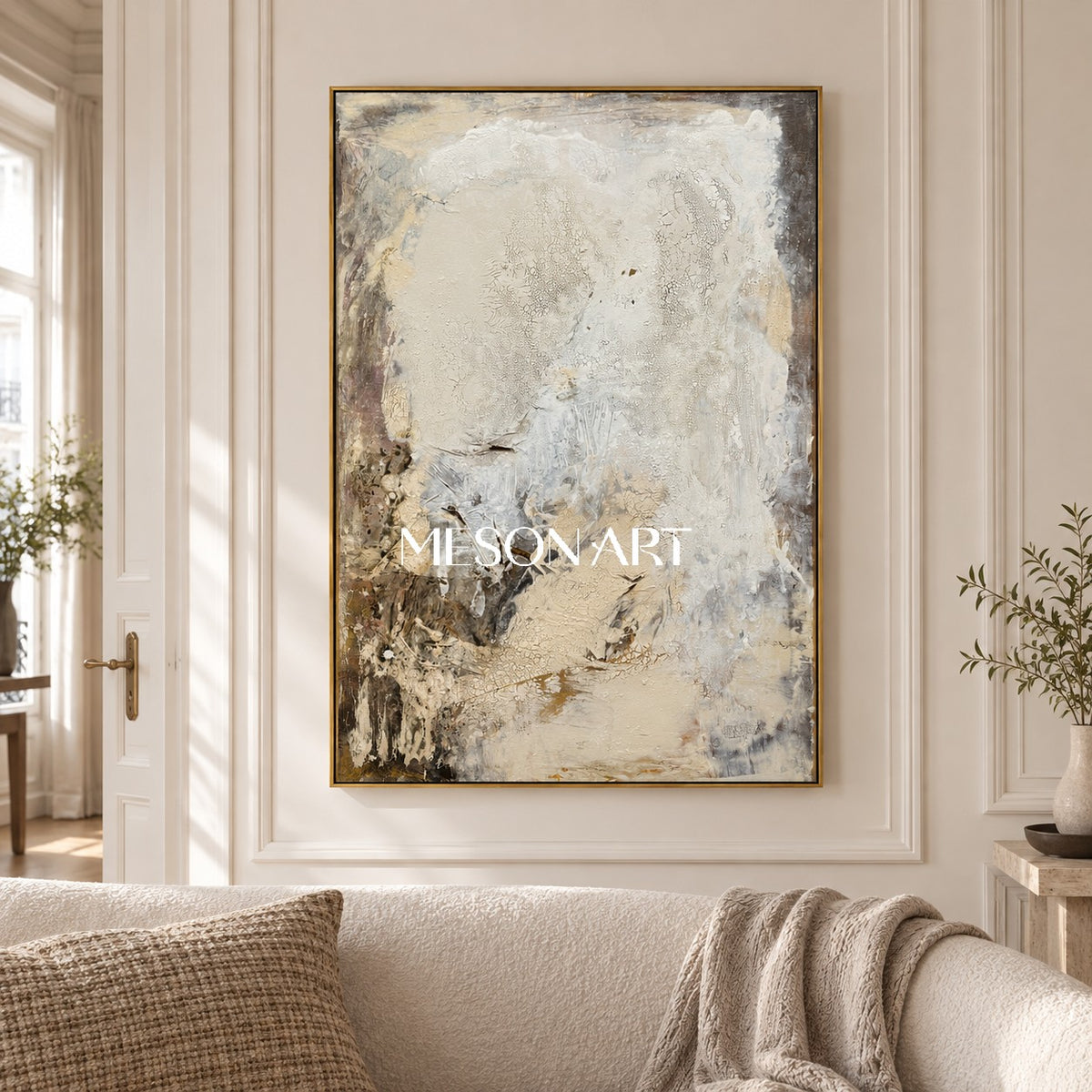 Neutral Black And White Abstract Painting Modern Textured Canvas Wall Art For Living Room By Mesonart