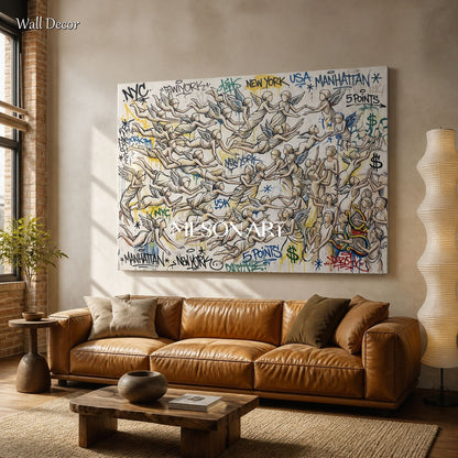 Beige And Black Banksy Graffiti Painting Rectangular Wall Art For Living Room By Mesonart