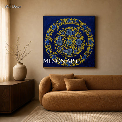 Blue And Gold Islamic Geometric Art Original Painting Square Wall Decor By Mesonart
