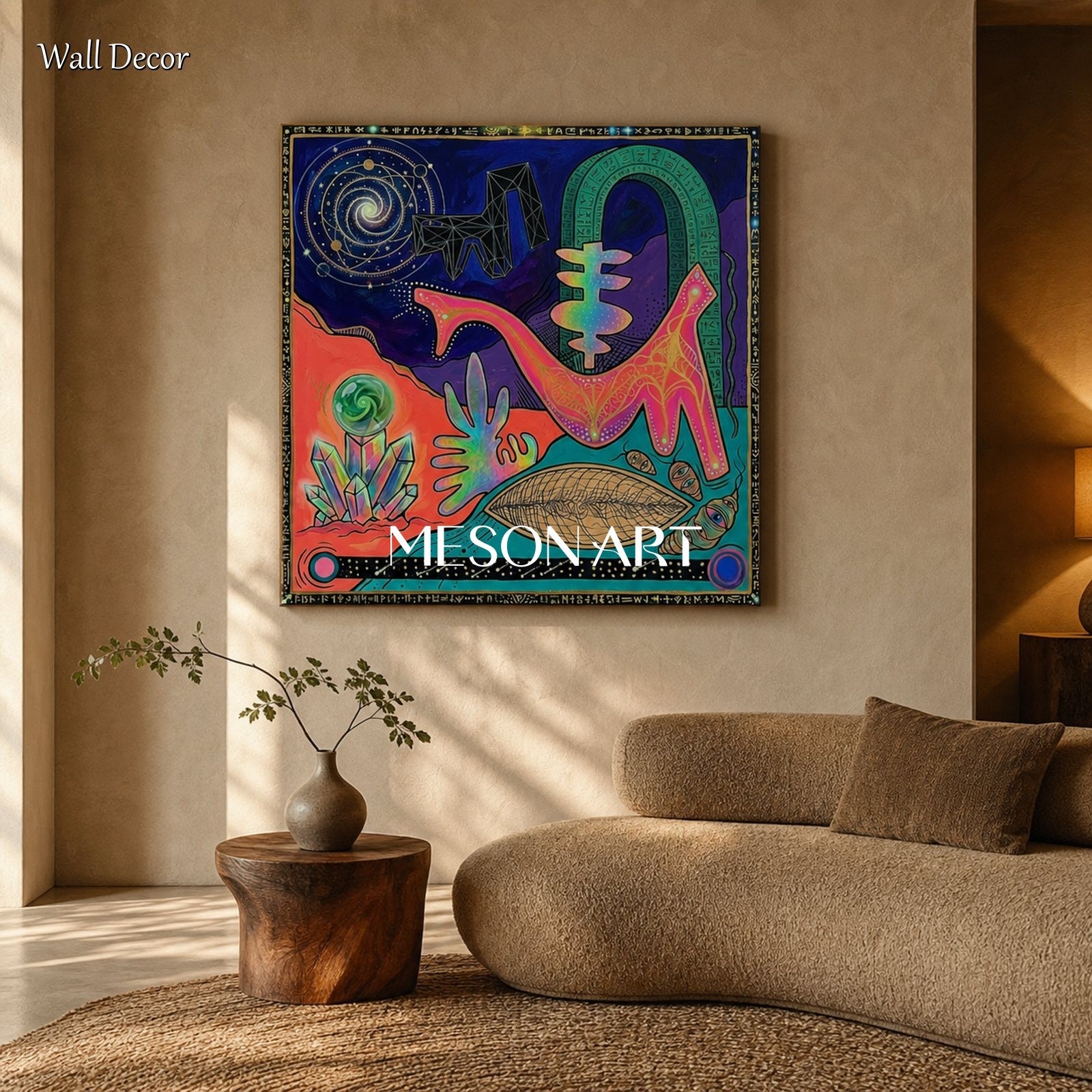 Abstract Surreal Painting With Cosmic Symbols For Modern Living Room Decor