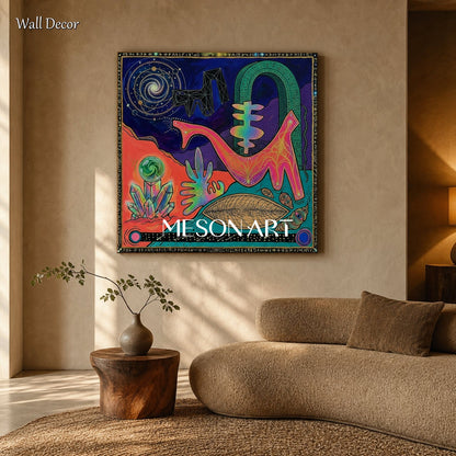 Abstract Surreal Painting With Cosmic Symbols For Modern Living Room Decor