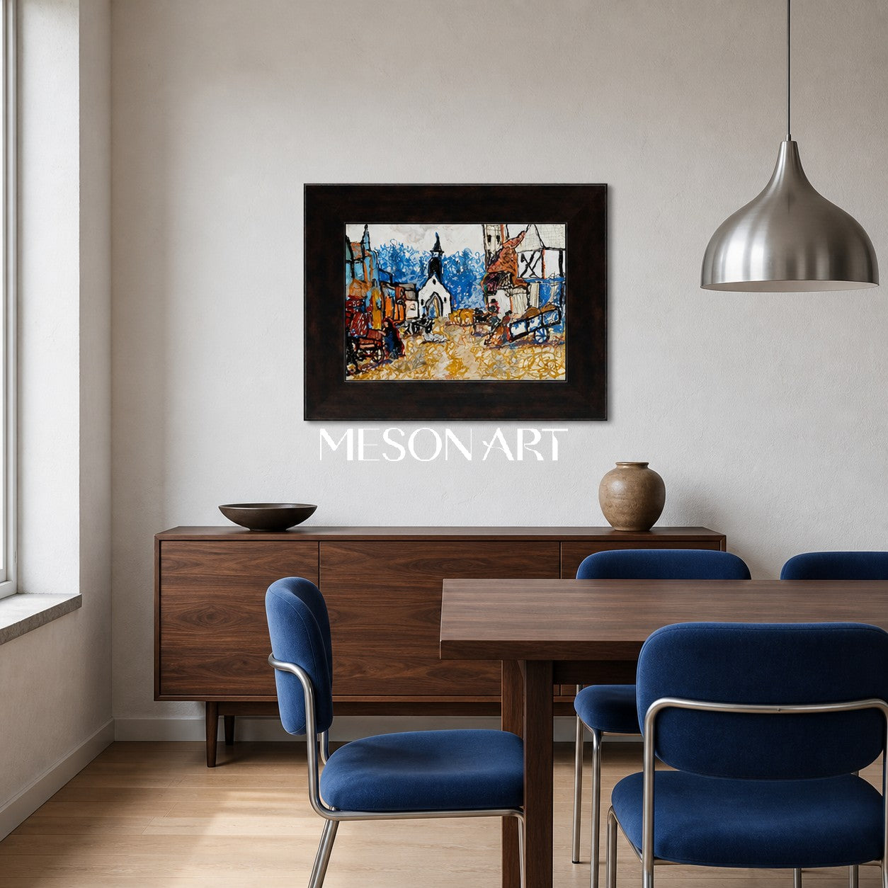 Pittura paesaggistica moderna astratta con tonalità di blu e ocra per l'arredamento del soggiorno