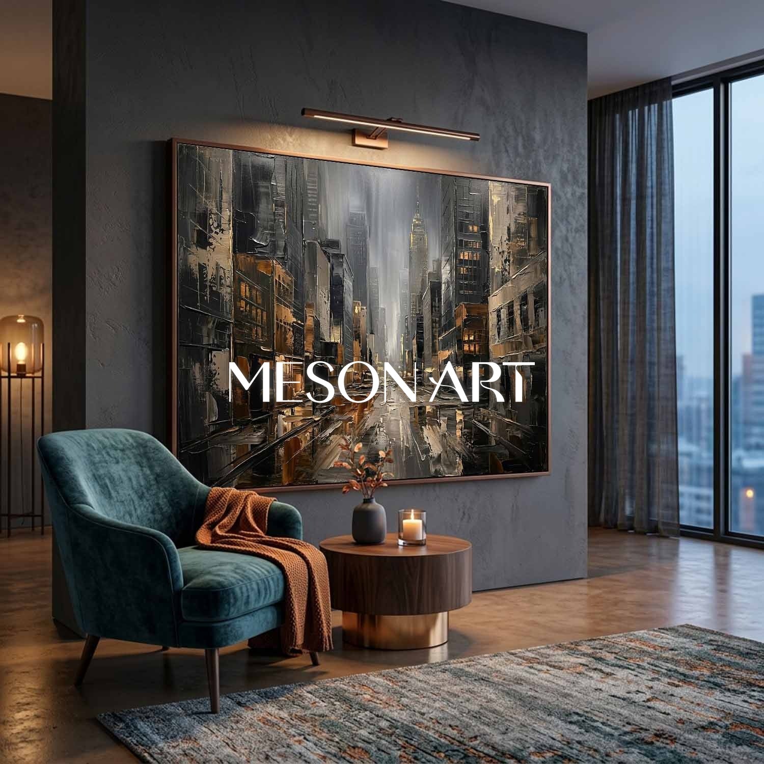 Abstract City Art With Gold Accents And Plaster Texture For Modern Living Room Decor