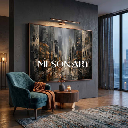 Abstract City Art With Gold Accents And Plaster Texture For Modern Living Room Decor