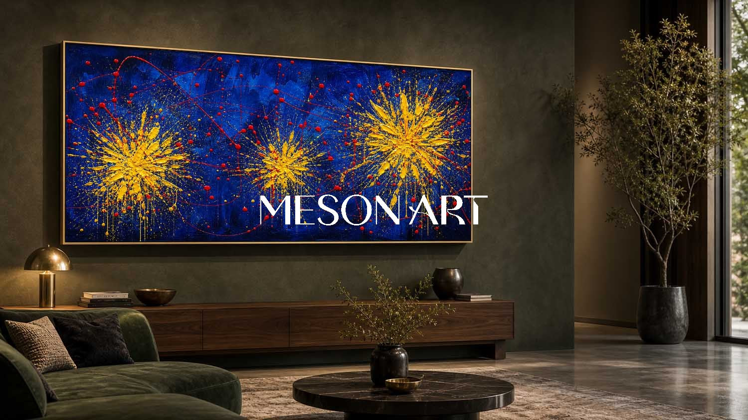 Abstract Blue And Gold Painting Modern Art For Living Room Executive Office