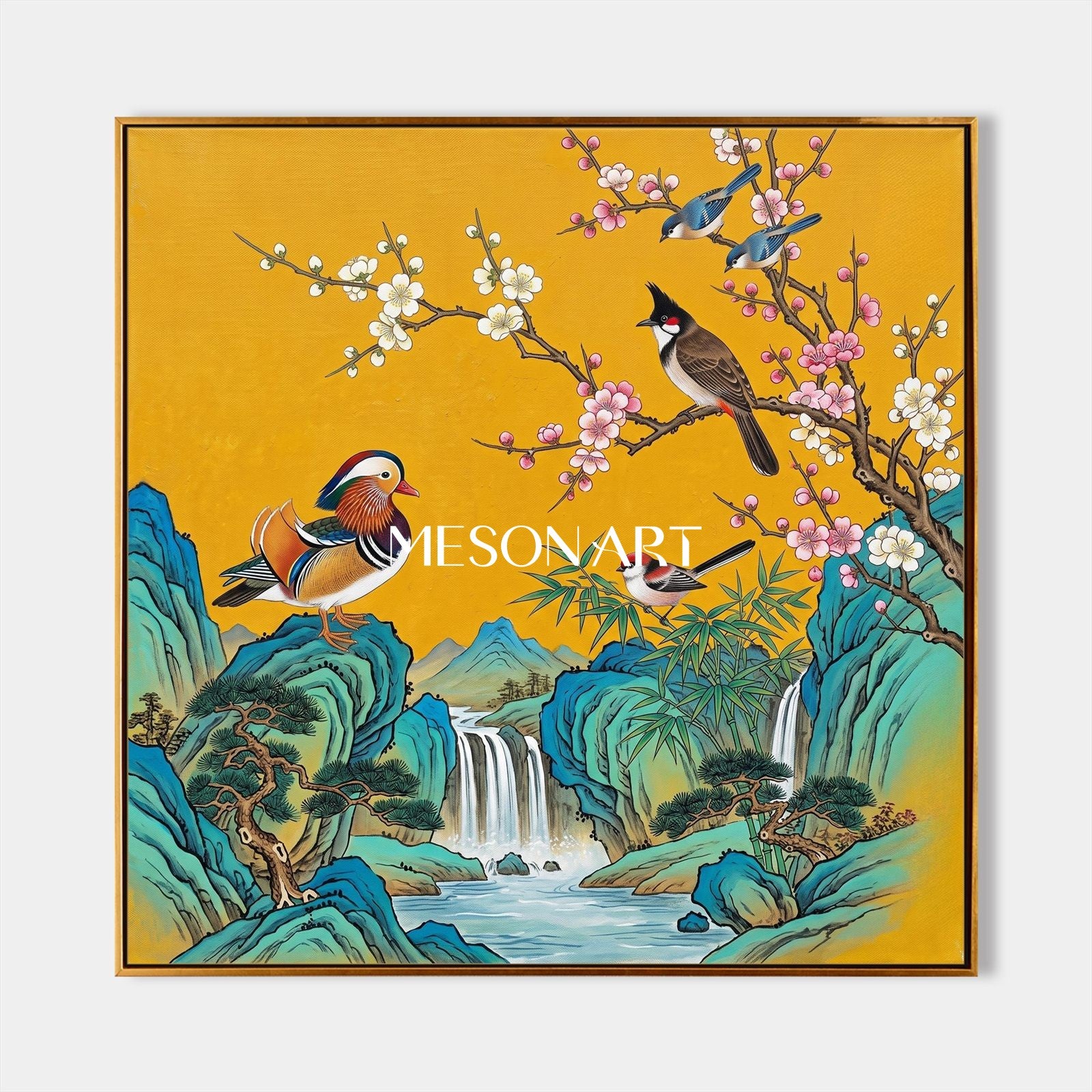 Gold And Blue Gongbi Painting Square Wall Art For Living Room By Mesonart