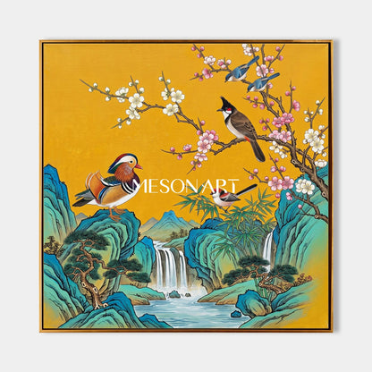 Gold And Blue Gongbi Painting Square Wall Art For Living Room By Mesonart