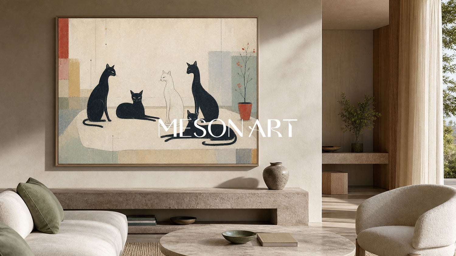 Minimalist Black And White Cat Painting For Modern Home Decor With Art Deco Style