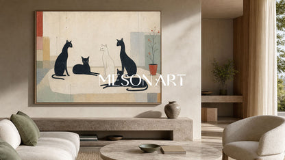 Minimalist Black And White Cat Painting For Modern Home Decor With Art Deco Style