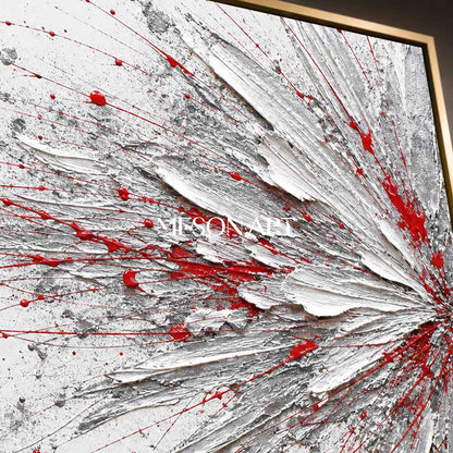 Bold Red And White Abstract Painting With Textured Relief For Modern Living Room Decor