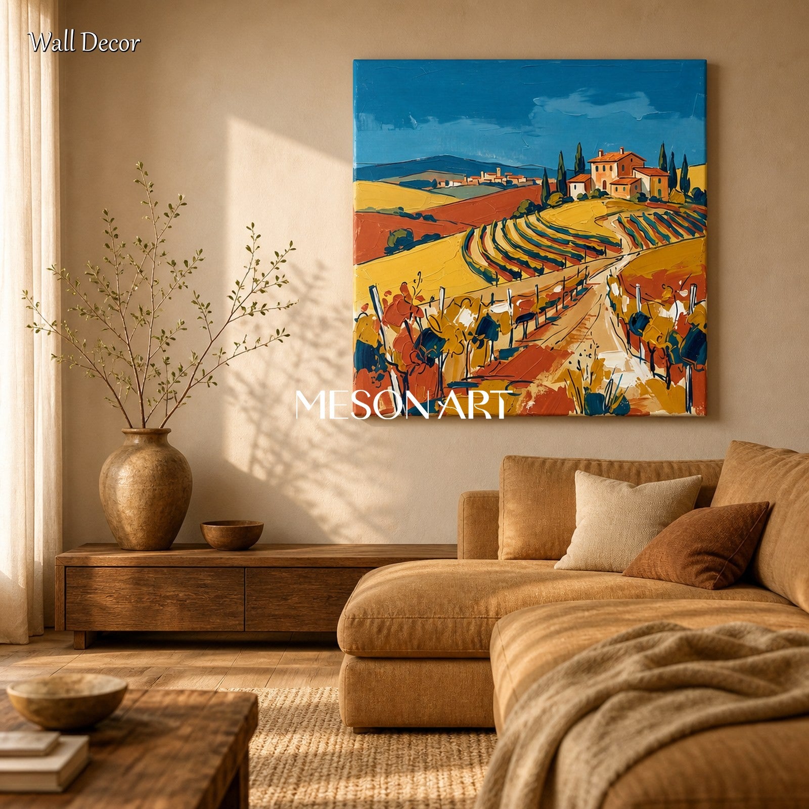 Blue And Gold Contemporary Figurative Vineyard Landscape Square Painting Original Art By Mesonart