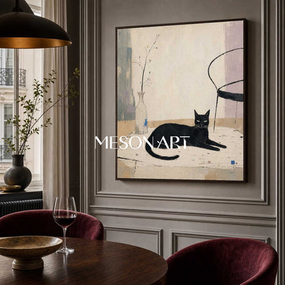 Minimalist Black Cat Painting With Still Life Elements For Modern Home Decor