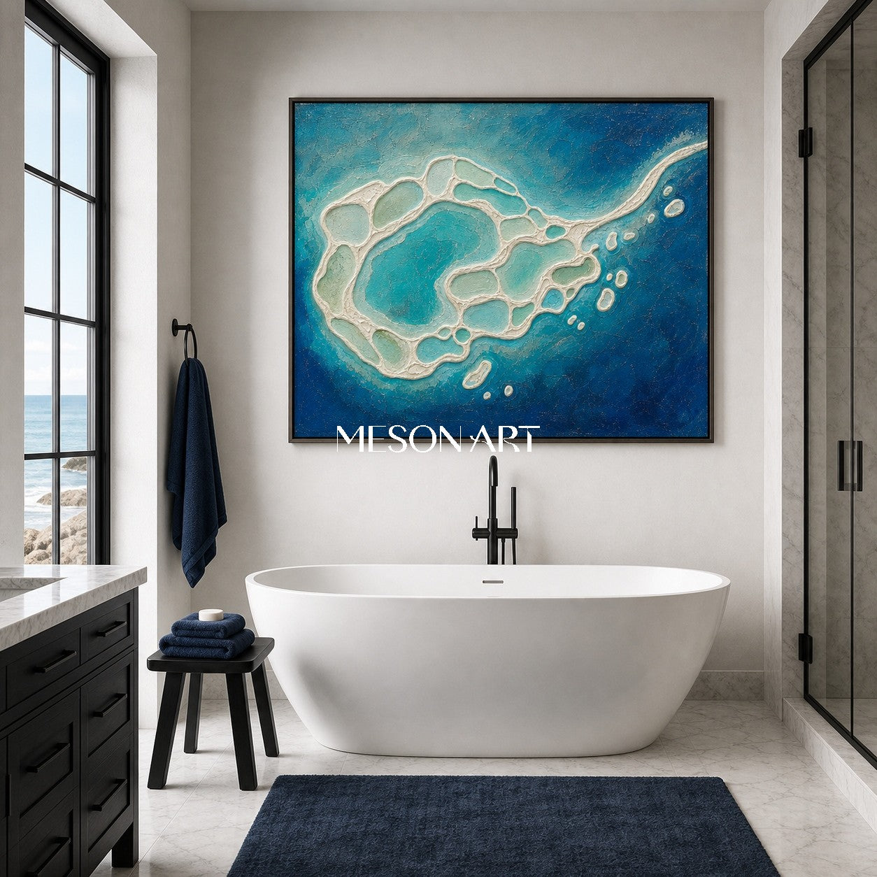 Turquoise Lagoon Abstract Art With Textured Relief For Coastal Living Room Decor