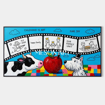 Whimsical Surrealist Painting With Animals And Apple For Kids Room Decor