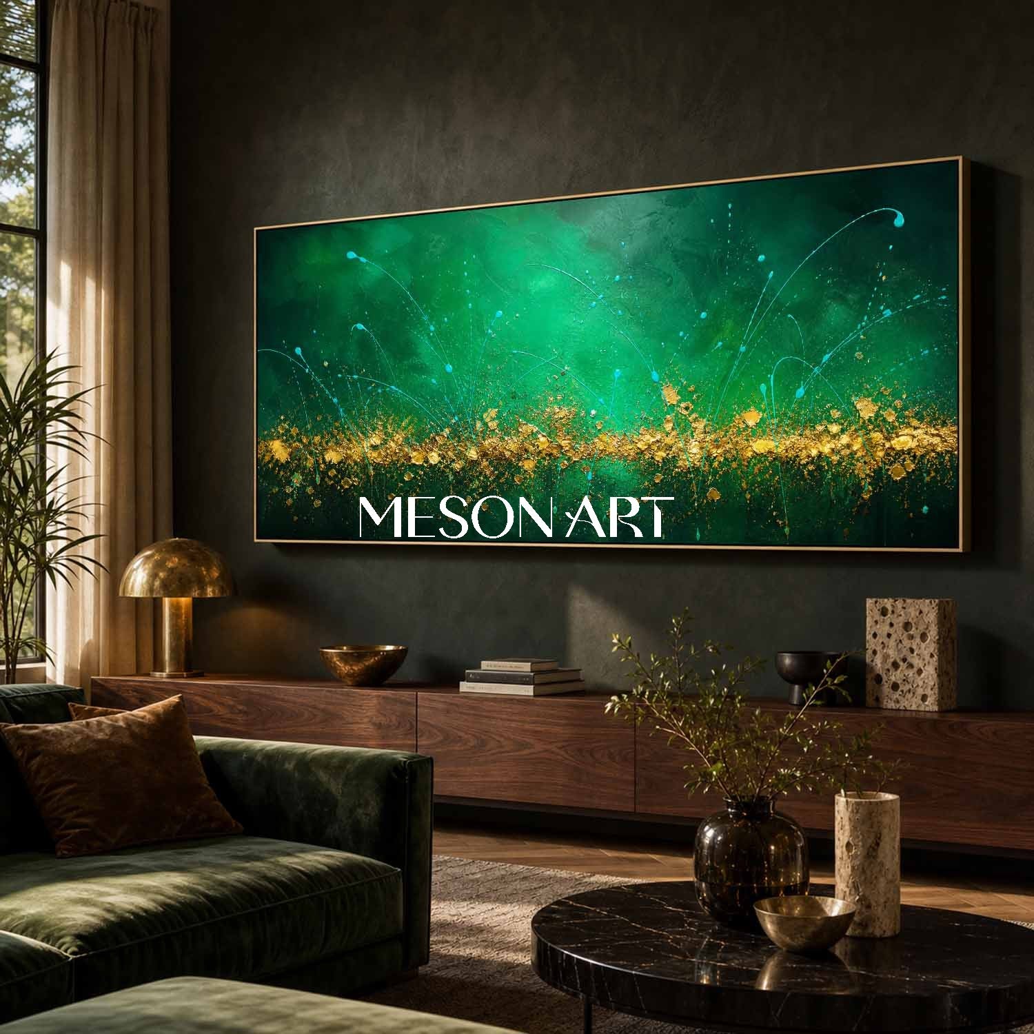 Large Emerald Green And Gold Abstract Painting On Canvas For Modern Living Room Decor