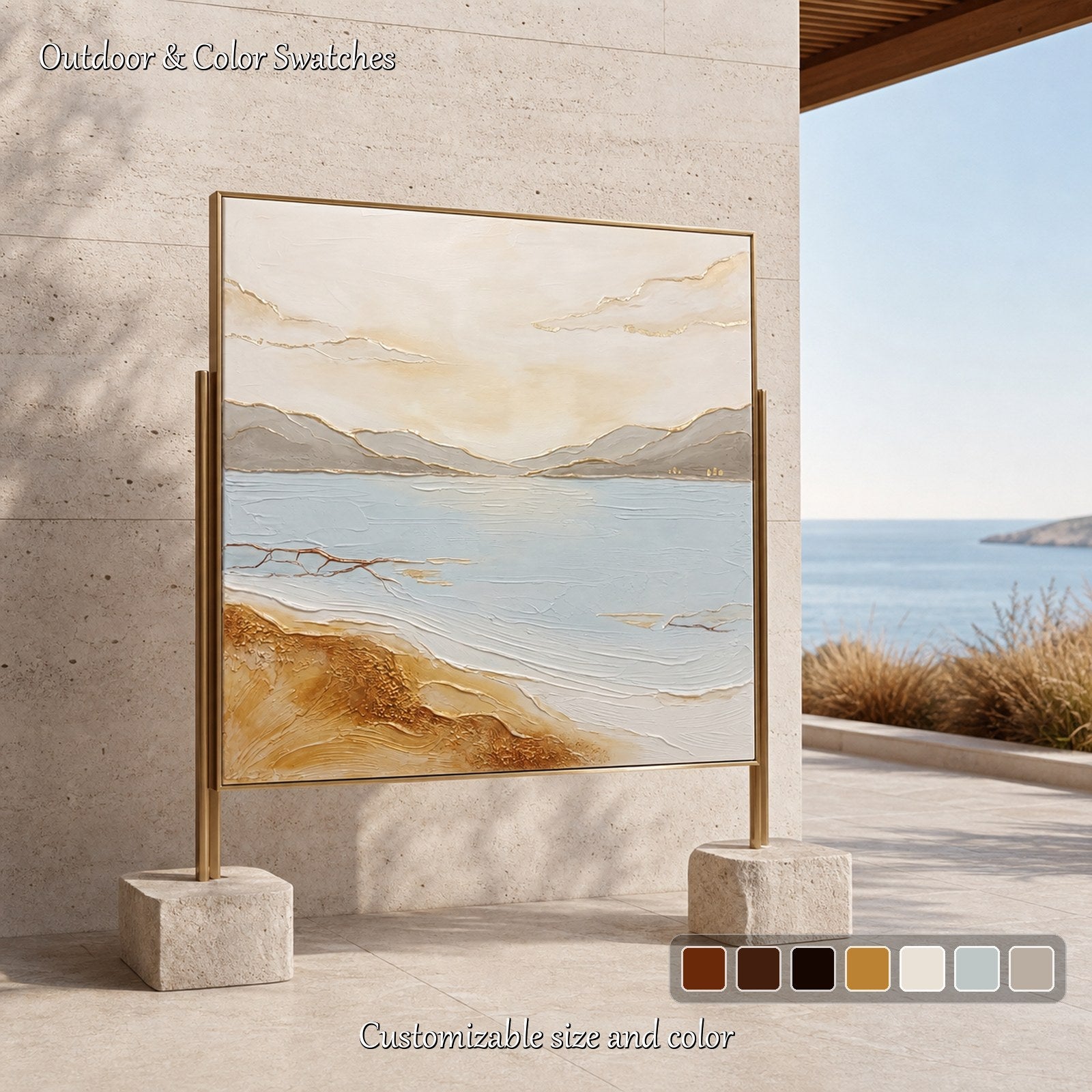 Art Deco Lake Sunrise Painting With Textured Sand And Gold Accents For Living Room