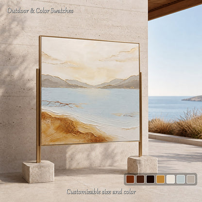 Art Deco Lake Sunrise Painting With Textured Sand And Gold Accents For Living Room
