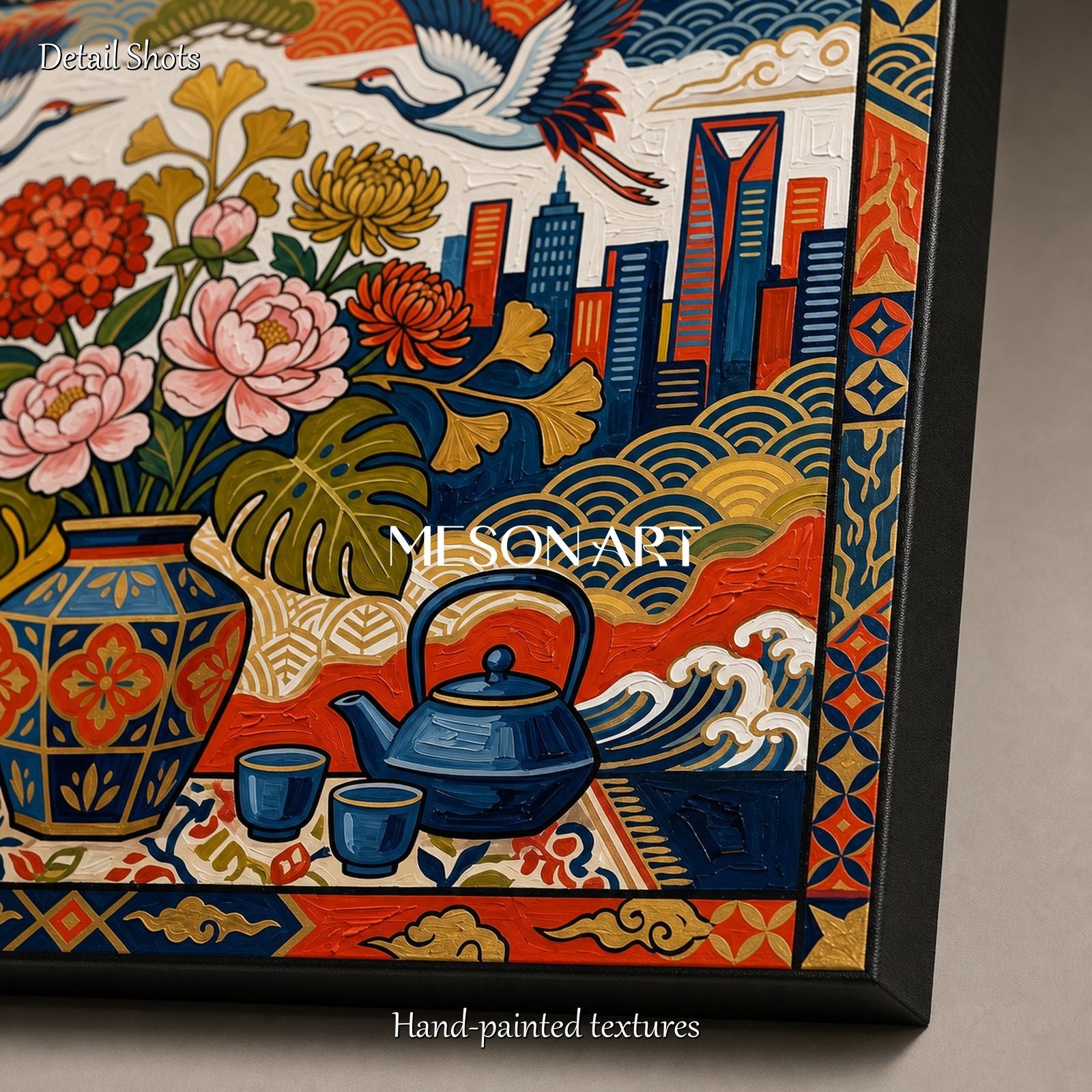 Modern Ukiyo-e Wall Art With Cranes And Flowers For Living Room Decor