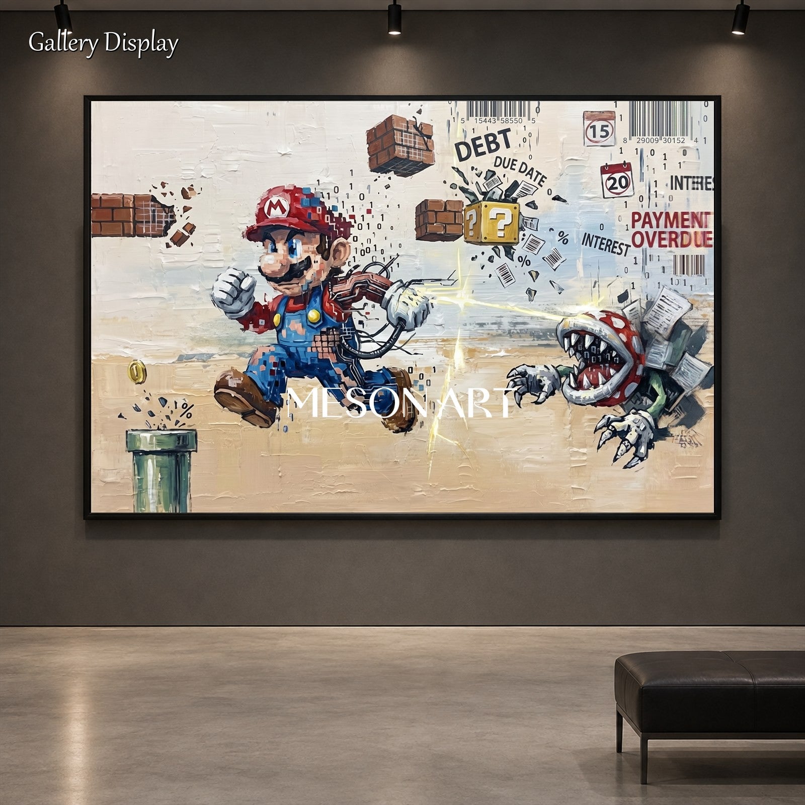 赤と青のシュルレアリスム絵画 サイバーマリオのビデオゲームアート