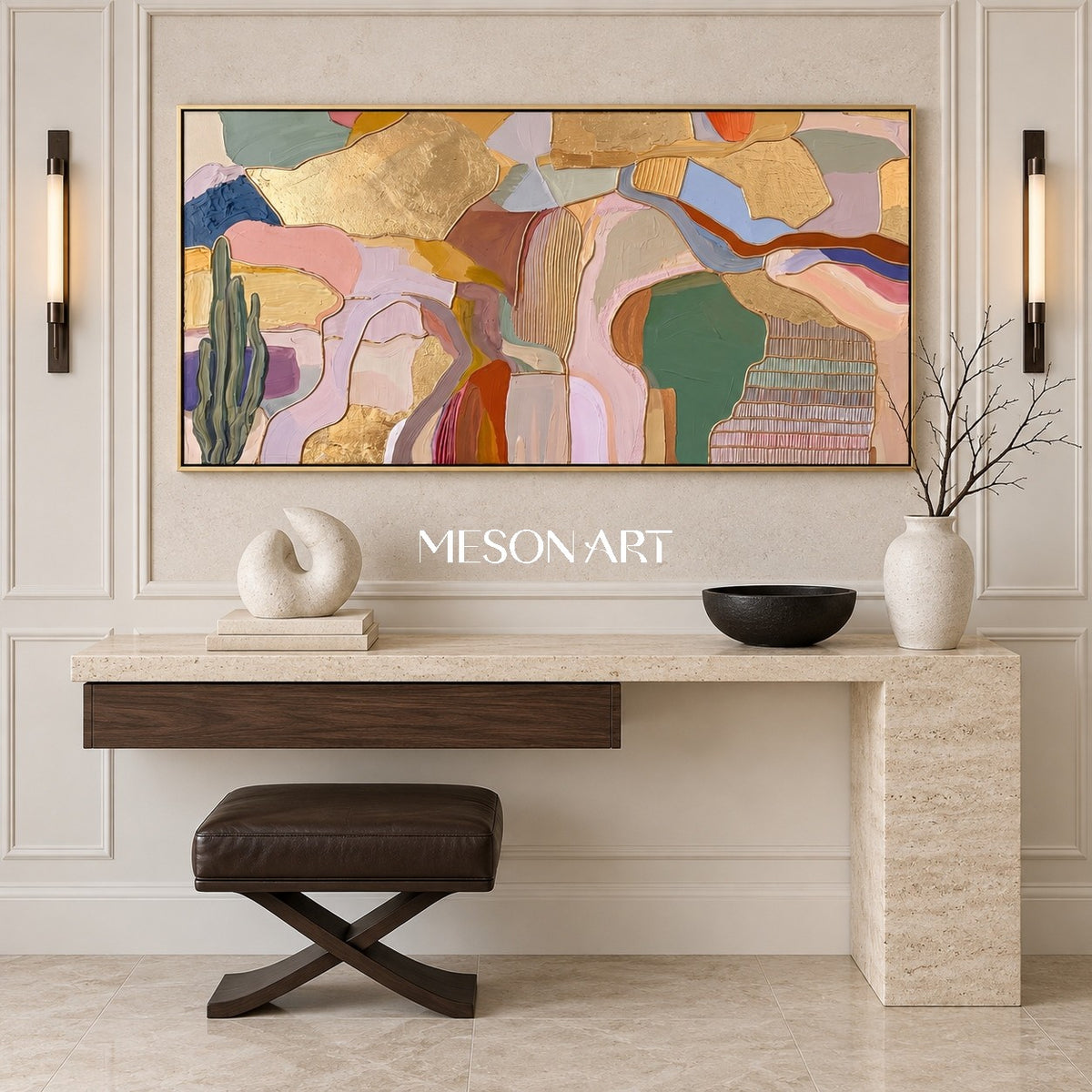 Gold And Beige Abstract Desert Landscape Panoramic Wall Art Original Artist By Mesonart