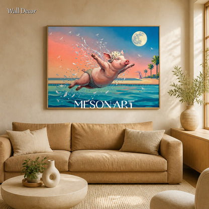 Pink And Blue Surrealist Painting Of A Pig Rectangular Wall Art Original Artist Hand Painted For Living Room By Mesonart