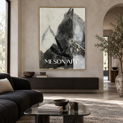 Black And White Abstract Art Original Artist Hand Painted Mixed Media Textured Painting Rectangular Wall Art For Living Room By Mesonart