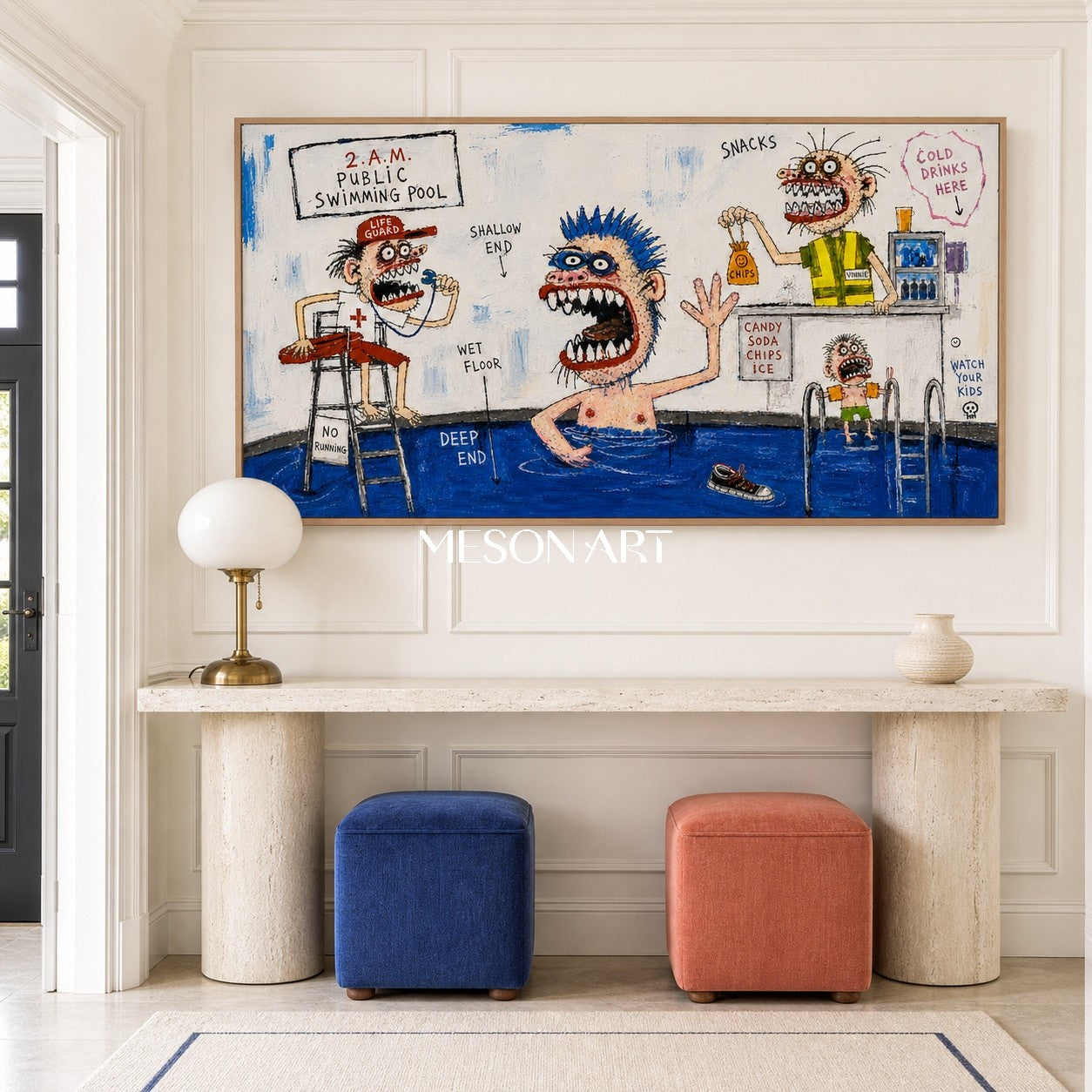 Blue And White Graffiti Cartoon Swimming Pool Art Panoramic Original Artist Hand Painted By Mesonart