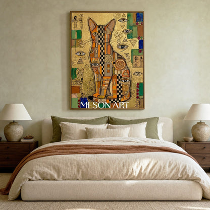 Luxury Golden Egyptian Cat Painting With Geometric Mosaic And Symbolic Eyes For Living Room Decor