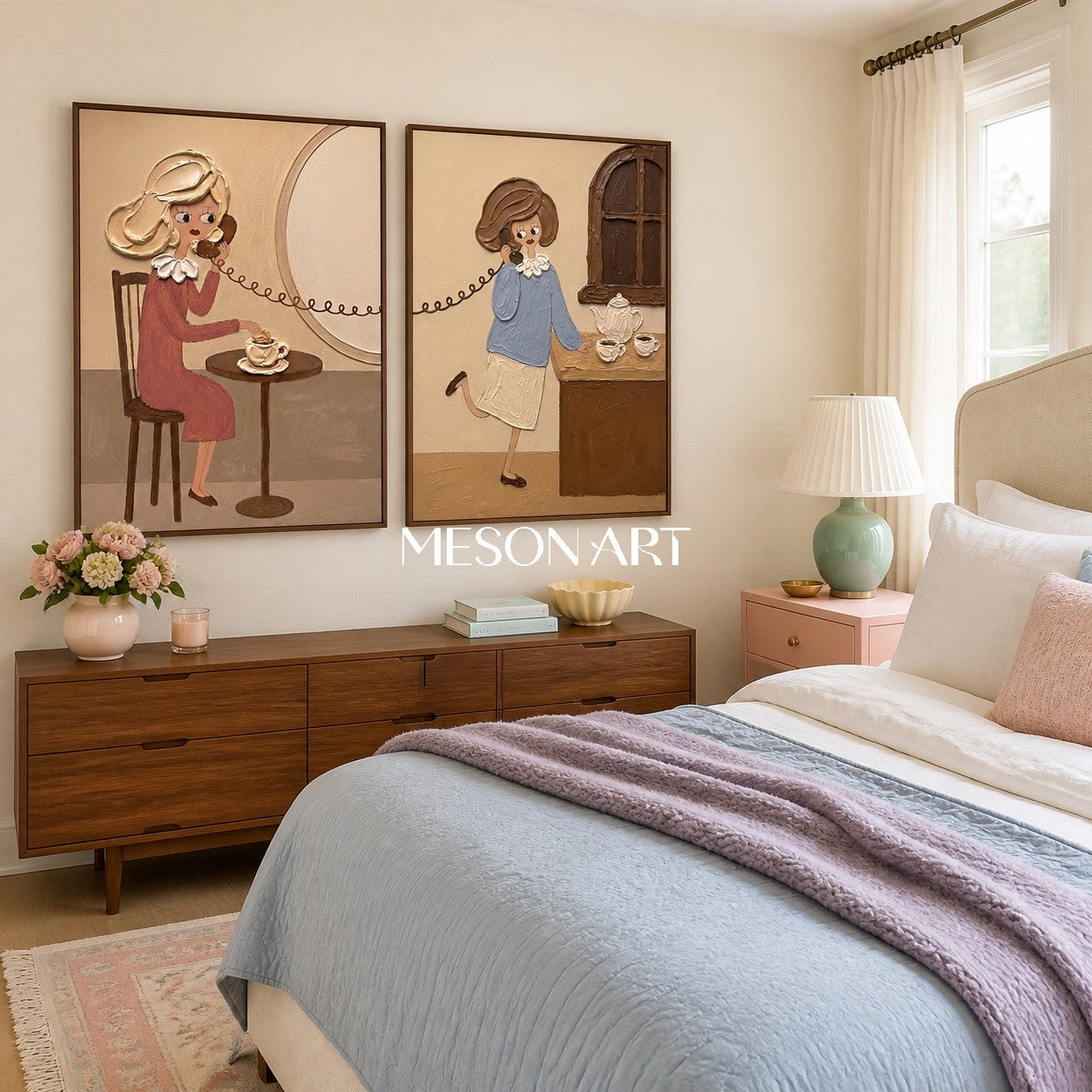 Vintage-Pop-Art-Gemälde für die Schlafzimmerwand mit strukturierten Figuren in Beige- und Rosatönen