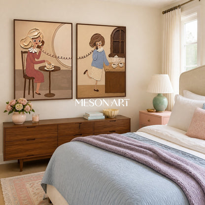 Quadro vintage in stile Pop Art da appendere alla parete della camera da letto, con figure in rilievo nei toni del beige e del rosa