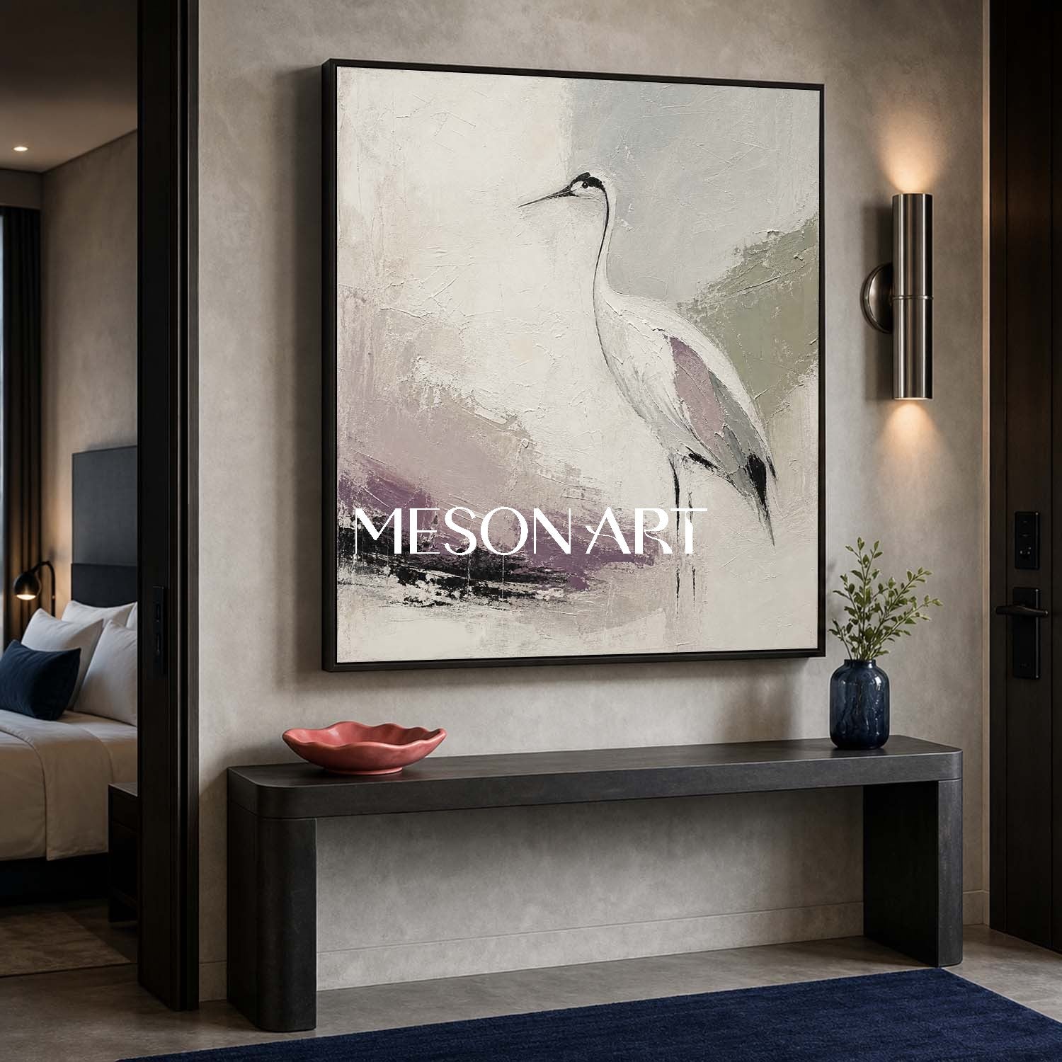 Minimalist Crane Oil Painting On Linen Canvas With Textured Brushwork For Living Room And Bedroom Decor