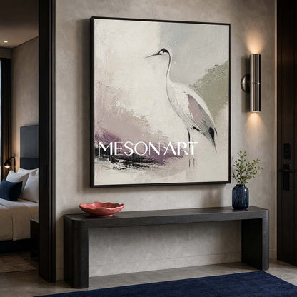 Minimalist Crane Oil Painting On Linen Canvas With Textured Brushwork For Living Room And Bedroom Decor