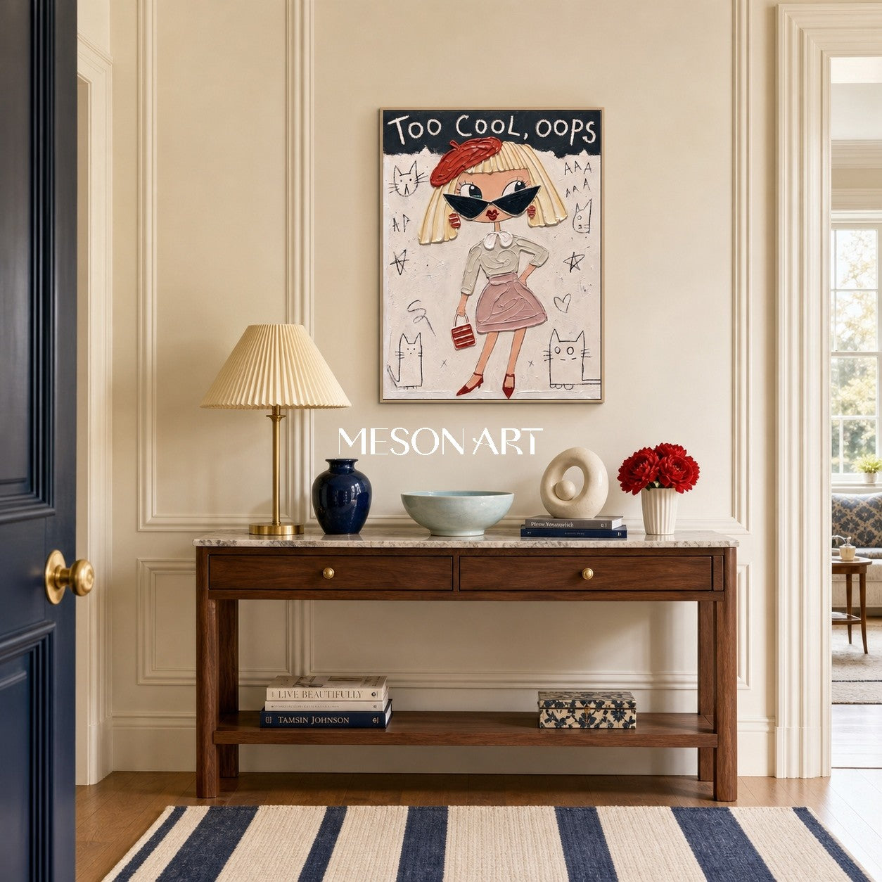 Playful Pop Art Cartoon Girl Painting With Red Beret For Contemporary Bedroom Decor