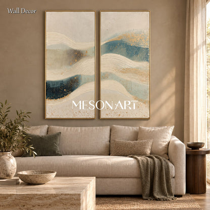 Beige And Blue Abstract Art Rectangular Wall Decor Original Artist Hand Painted By Mesonart