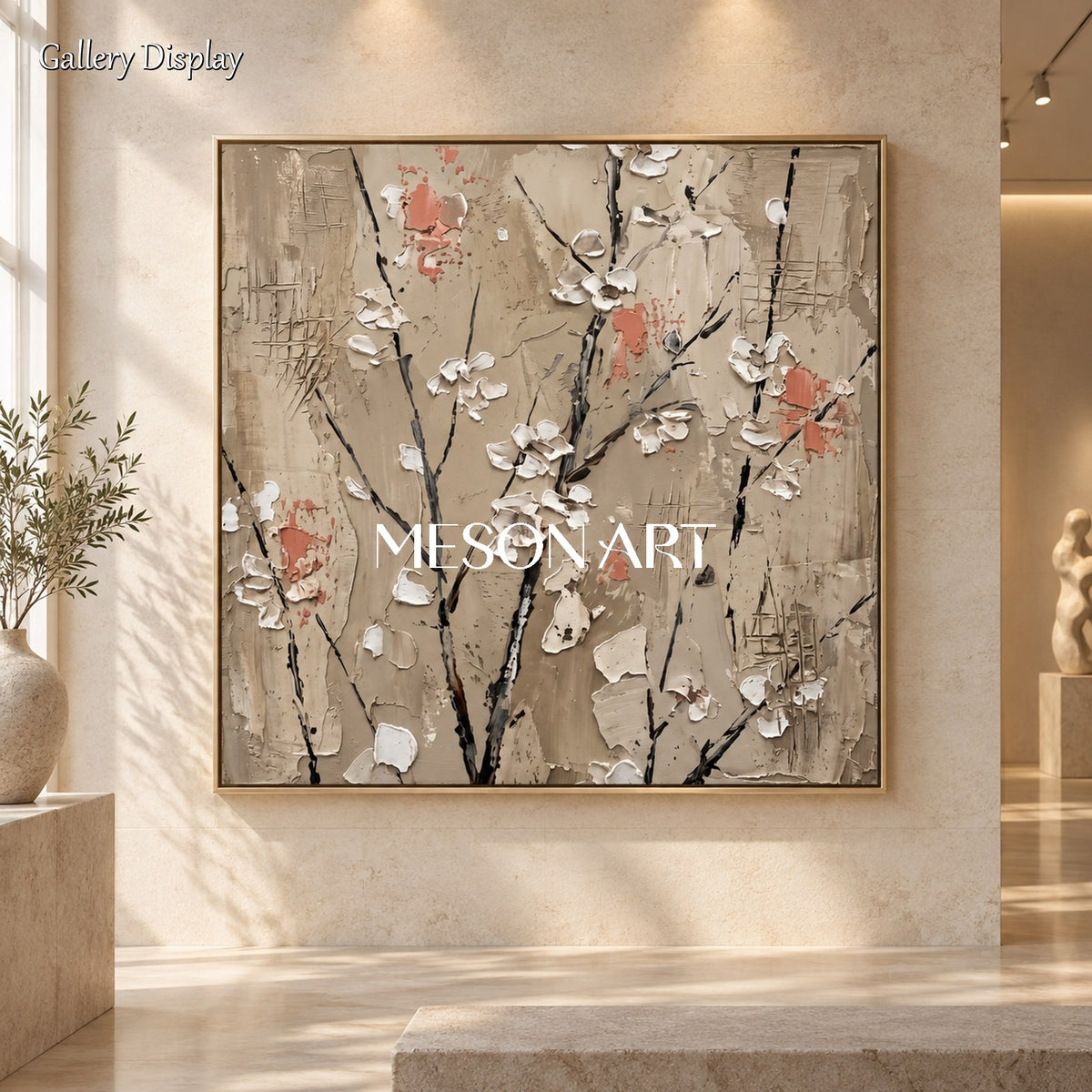 Beige And White Abstract Floral Painting Square Wall Art Original Artist Hand Painted By Mesonart