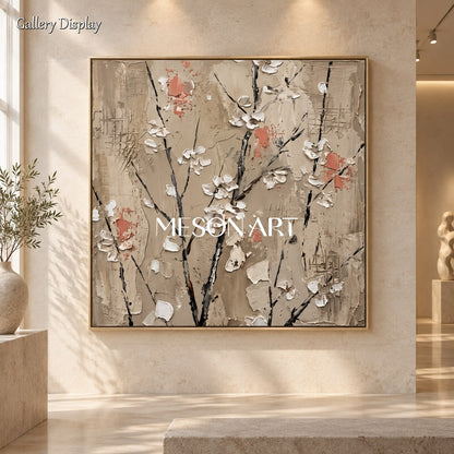 Beige And White Abstract Floral Painting Square Wall Art Original Artist Hand Painted By Mesonart